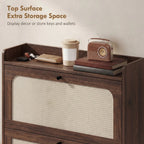 Dark brown shoe cabinet with woven door panel and top surface storage