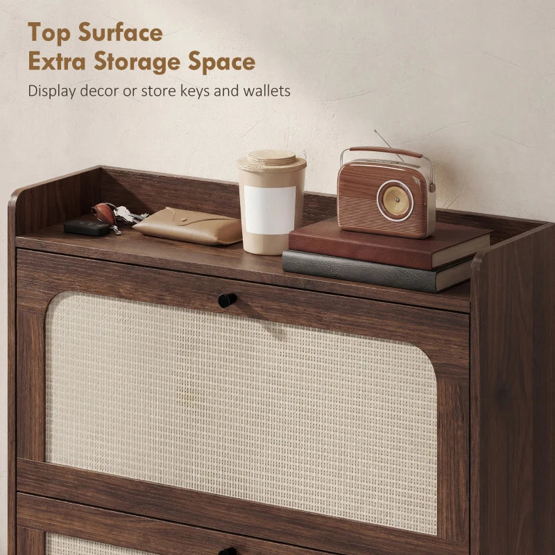 Dark brown shoe cabinet with woven door panel and top surface storage