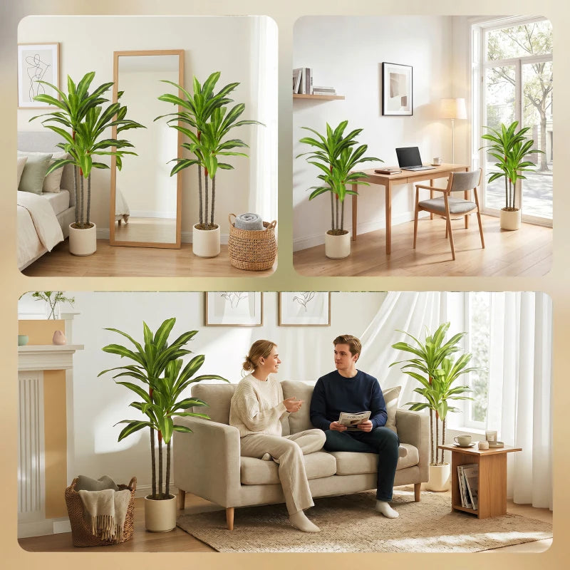 Two green artificial dracaena trees with textured trunks and white planter pots.