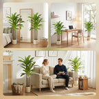 Two green artificial dracaena trees with textured trunks and white planter pots.