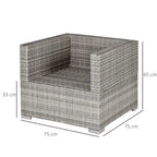 Grey single seater rattan armchair with thick seat and back cushions, open side view