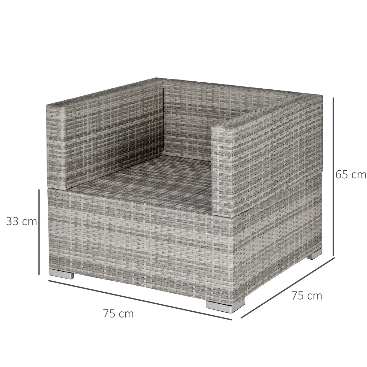 Grey wicker armchair without cushions, with dimensions of 75 by 75 by 65 cm