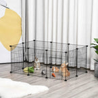 Black metal small animal playpen cage with front door, wire sides, and tiered platforms