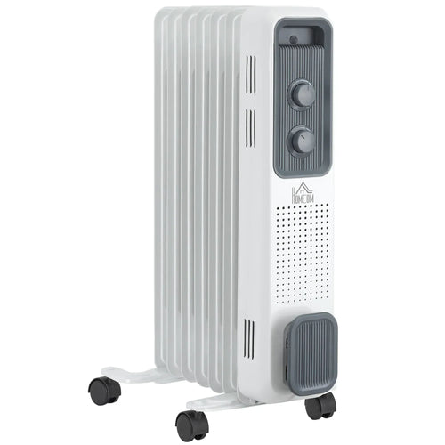 White oil-filled radiator heater with two control knobs and four rolling caster wheels
