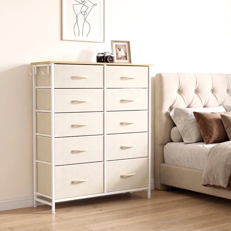 Beige fabric drawer dresser with 10 drawers and white steel legs