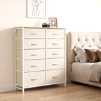 Beige fabric drawer dresser with 10 drawers and white steel legs