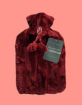 Claret red plush hot water bottle cover with pom pom and hanging tie