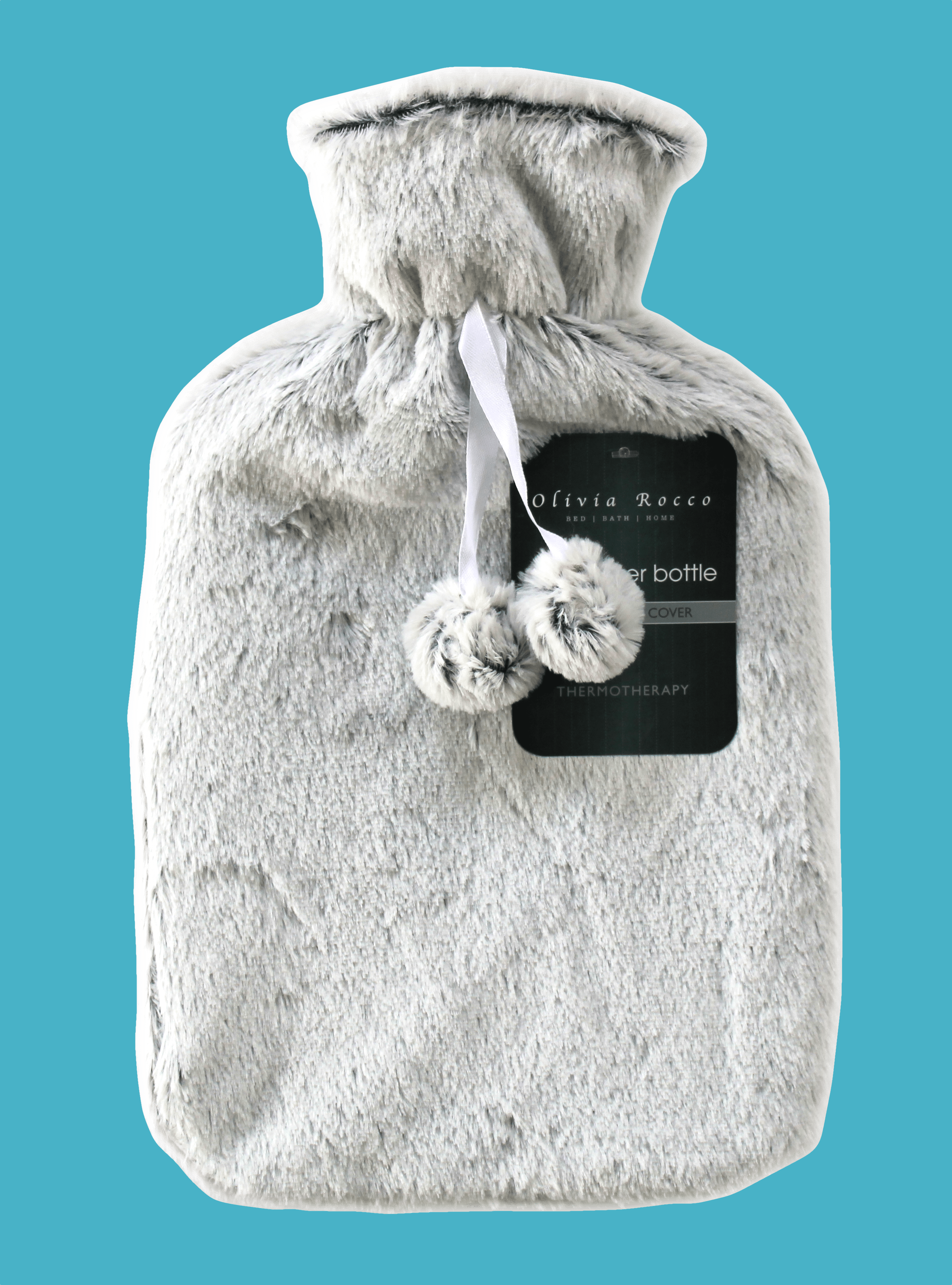 2L Soft Plush Hot Water Bottle with Faux Fur Pom Pom Cover for Warmth Durable Natural Rubber UK Safe Tested Cozy Winter Comfort Ideal Gift for Adults Kids