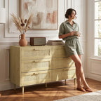 Light oak 6-drawer dresser with rattan-front drawers and wooden feet; side view.