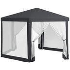 Dark grey hexagon gazebo with white mesh panels and curtained entrances