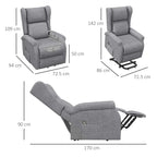 Grey electric lift recliner armchair with dimensions and extended footrest, side view