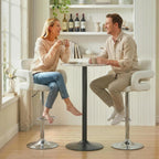 White swivel bar stools with padded seat, backrest, and armrests for kitchen counter