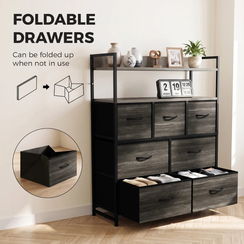Grey wood-effect dresser with foldable drawer fronts and open shelves on top