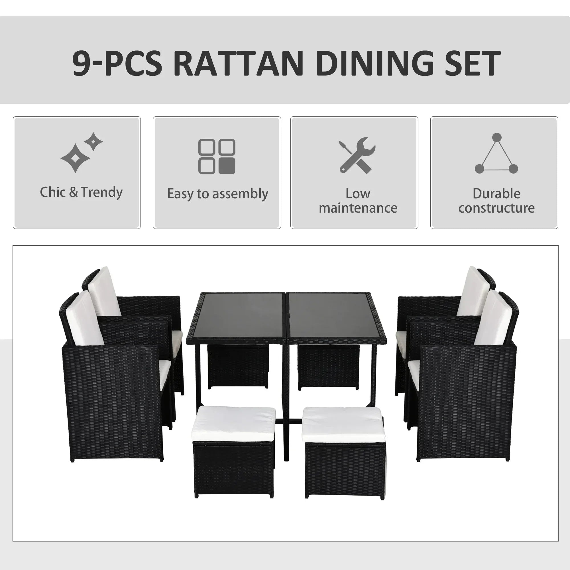 8 Seater Rattan Cube Garden Furniture Set, Rattan Dining Set with Cushions, Outdoor Dining Table and Chairs with 4 Armchairs, 4 Stools, Square Glass Top Table, Black - Bobobiy