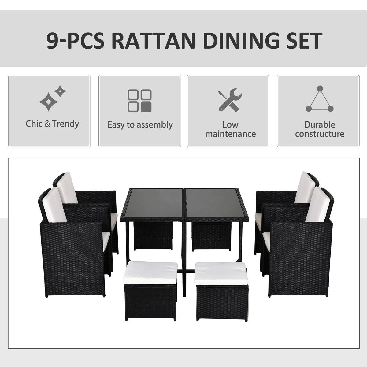 Black rattan dining set arranged with four armchairs, four stools and a rectangular table
