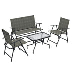 Four-piece metal garden seating set: two armchairs, loveseat, and square coffee table