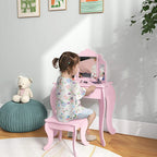 Pink kids vanity table with tri-fold mirror and drawer, plus matching chair/stool
