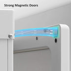 White wardrobe with hanging rod behind closed cabinet doors and magnetic door closure.