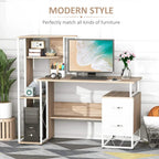 Oak and white computer desk with open shelves and two drawers for home office setup
