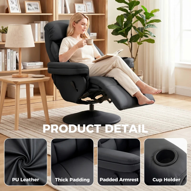 Black PU leather-style reclining armchair with cup holder and padded armrests