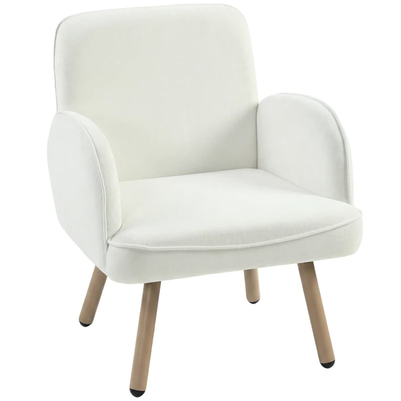Cream velvet lounge armchair with rounded arms, spring seat cushion, and wooden legs