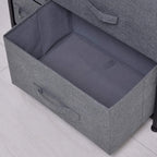 Open dark grey fabric storage drawer on a 7-drawer dresser, showing empty interior.