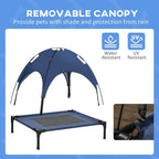 Blue elevated pet cot with removable canopy, water-resistant and UV-resistant design