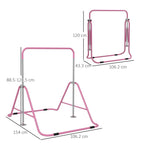 Pink adjustable kids gymnastic bar shown in compact and tall frame positions