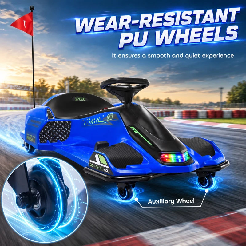Blue electric ride-on kart with black handlebar and glowing LED wheels