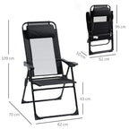 Black folding recliner patio chair with adjustable backrest and side armrests (with dimensions)
