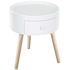 White round bedside table with drawer, smooth painted finish, and light wood legs
