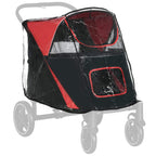 Dog stroller rain cover with clear window, red and black panels, rear opening