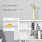 White bookcase with open shelves and two door cupboards, wooden handles, and legs