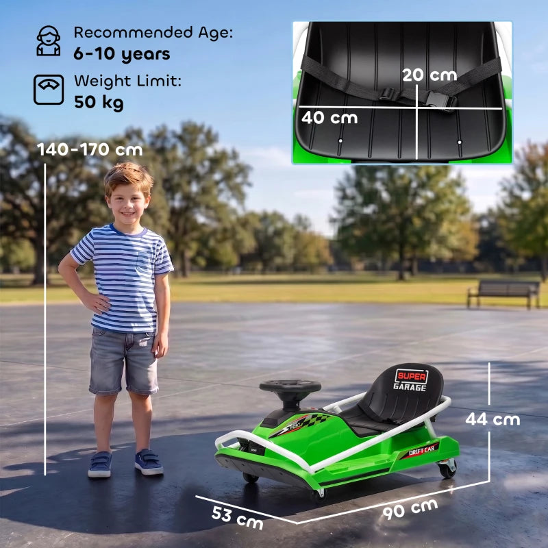 Green electric go-kart with black seat, steering wheel, and white frame