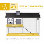 Grey wooden rabbit hutch and run with open front and interior floor base