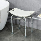 White shower stool with padded seat, removable cushion, and height-adjustable legs