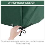 Windproof patio furniture cover edge with elastic hem cord and toggle close strap in green fabric.