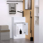 White under-sink vanity unit with ceramic basin and open double-door storage