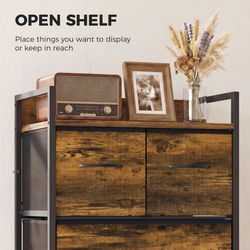 Rustic brown chest with black frame and two sliding doors over an open-shelf top