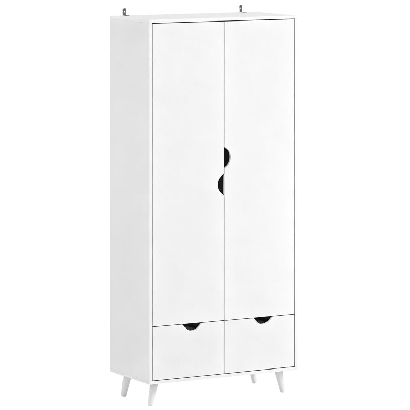 White 2-door wardrobe with 2 drawers and wood feet, front view.