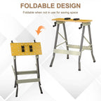 Foldable work bench clamp table with yellow top, black swivel pegs, and gray support frame