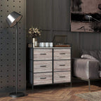 Grey wood-effect fabric drawer chest with six drawers, black handles, and metal frame