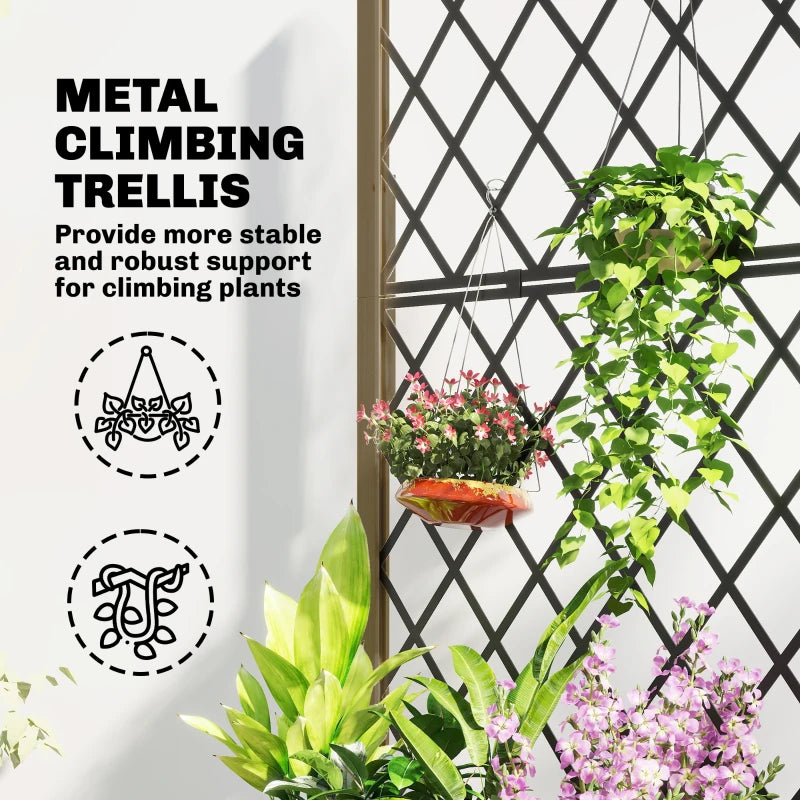 Metal climbing trellis on a raised planter, with flowering and leafy plants
