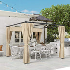 Beige retractable pergola shelter with curtain panels over a patio grill area