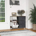 Black storage cabinet with three gray fabric drawers and open shelving for household items