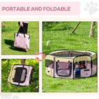 Portable pink and beige pet playpen with top handle, foldable design, and carry bag