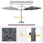 Grey cantilever umbrella with rotating canopy over a cross base
