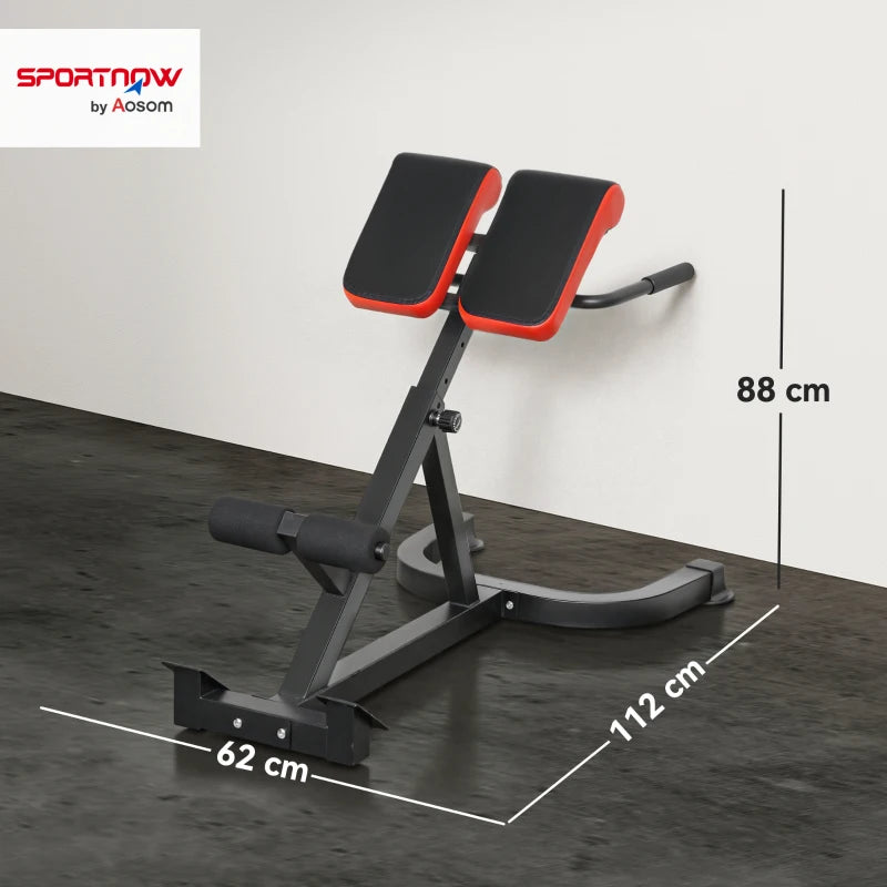 Red and black adjustable hyperextension bench with foot rollers and stable base