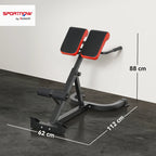 Red and black adjustable hyperextension bench with foot rollers and stable base