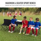 Black 6-seat sports bench with padded side panels and metal folding legs